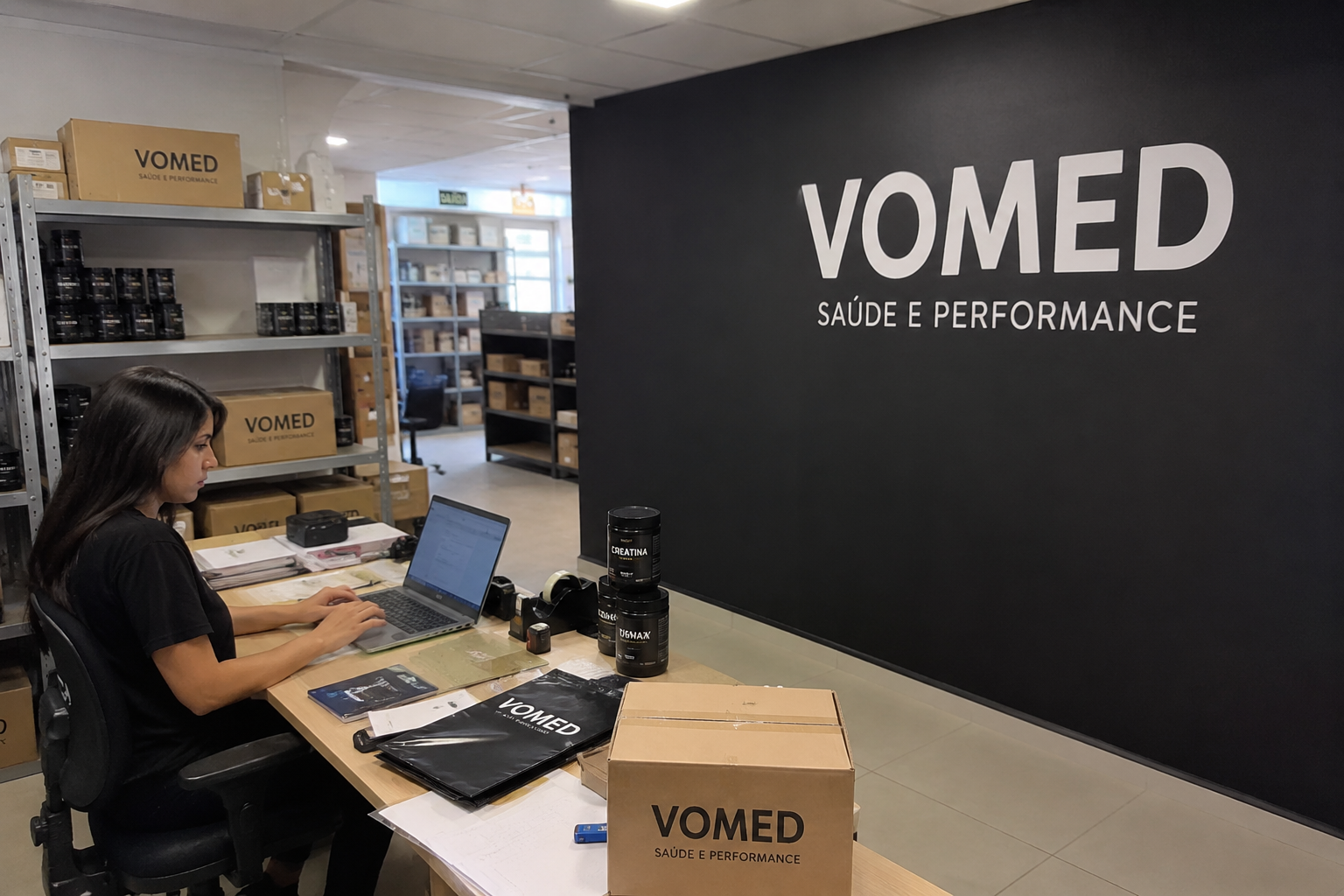 Espaço de armazenamento e expedição da Vomed, com estoque organizado e produtos prontos para envio